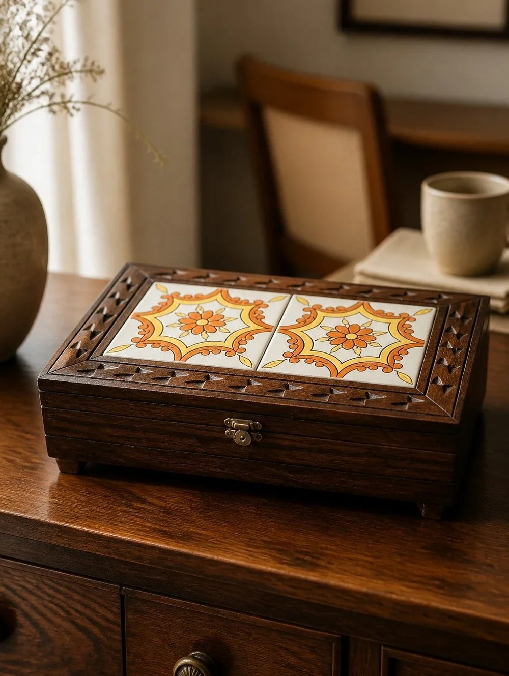 Vintage Hand Carved Wood Jewelry Box Yellow Brown Mexican Tiles